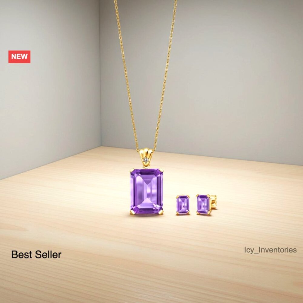 Yellow Gold Plated Silver Amethyst Diamond Jewelry Set Elegant Emerald Cut